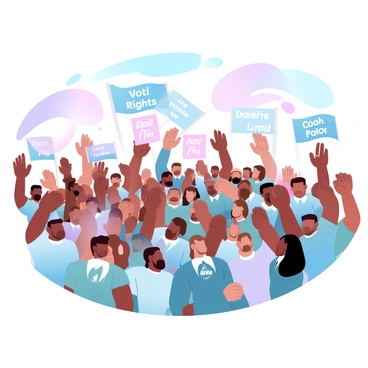 A bustling rally with people waving flags and signs supporting voting rights