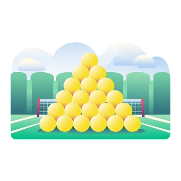 A pyramid made of bright yellow tennis balls is positioned on a green tennis court. The pyramid has a base of several rows of tennis balls, with each row stacked neatly to create a tapering shape. The tennis court features white boundary lines and a net running across the middle. In the background, there are two tall, green fences surrounding the court and a blue sky overhead with a few fluffy white clouds scattered throughout.