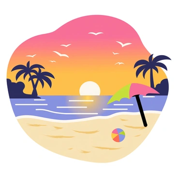 A beach scene featuring soft, golden sand with gentle waves lapping at the shore. The sky is filled with vibrant shades of orange, pink, and purple as the sun sets low on the horizon. Silhouettes of a few palm trees frame the scene, and a couple of seagulls are flying above the water. A colorful beach ball rests on the sand, while a small beach umbrella adds a touch of contrast to the warm hues of the sunset.