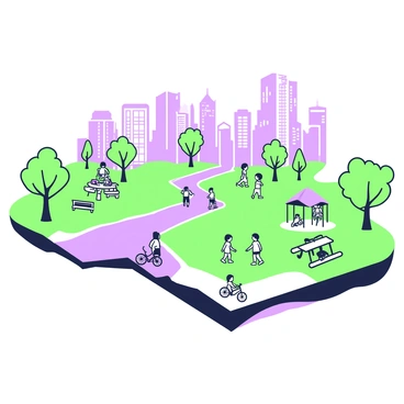 A cityscape features a skyline of contemporary buildings and structures. In the foreground, there is a park with lush green grass and several trees scattered throughout. A visible normal dip slip fault runs through the park, creating a noticeable displacement in the terrain. Along one side of the fault, a pathway leads to a playground filled with children playing. On the other side, a small picnic area is set up with benches and tables. The contrast between the natural park and the urban buildings showcases the impact of the fault on urban planning. A couple of people are walking dogs along the paths, and a bicycle is resting against a tree.