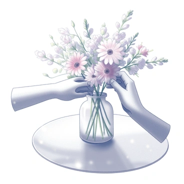 Two hands are delicately positioning various flowers into a clear glass vase. The fingers are carefully selecting each stem, ensuring the arrangement is balanced and appealing. The table surface is smooth and reflects light, creating glimmers that suggest it is sunny in the environment. The background features hints of a bright atmosphere, enhancing the focus on the hands and the vase filled with colorful flowers.