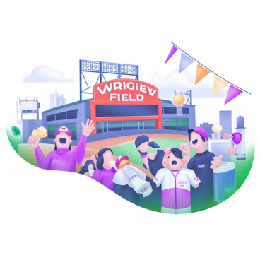 A lively scene in front of "Wrigley Field" filled with excited fans. The fans are wearing "customized team apparel" including jerseys, caps, and scarves in the team's colors. Some fans are holding up "foam fingers" while others are cheering and waving. The architectural details of "Wrigley Field" are visible in the background with its iconic marquee. There are colorful banners and pennants displayed, enhancing the vibrant atmosphere. A couple of vendors are nearby, selling snacks and drinks to the enthusiastic crowd.