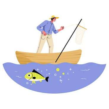 A fisherman is standing on a small wooden boat, holding a fishing net in one hand. He has a focused expression on his face, wearing a blue shirt and a straw hat. The water around the boat is a bright blue, with gentle ripples. Below the surface, a clever fish with shimmering scales is swimming, evading the net skillfully. The fish has large, expressive eyes and is darting around playfully, creating splashes as it moves. The sunlight casts sparkling reflections on the water, enhancing the scene.