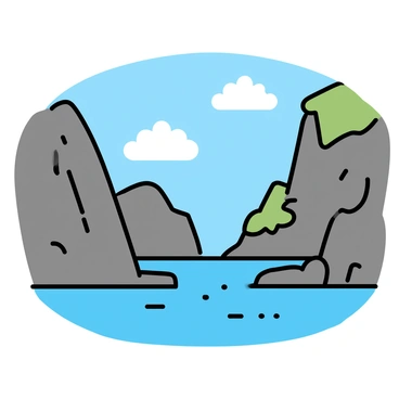 A dramatic Nordic fjord with steep cliffs rising sharply on either side. The cliffs are textured with rugged rocks and patches of green vegetation. The water in the fjord is calm, reflecting the towering cliffs above. A few scattered clouds float in the clear blue sky, casting soft shadows on the water's surface.