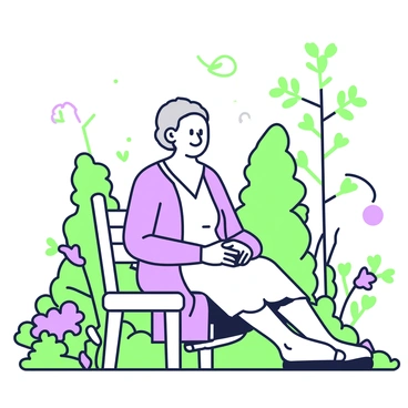 An elderly woman with gray hair is sitting on a wooden bench in a natural setting. She is wearing a light-colored dress and a cardigan, resting her hands on her lap. The background features tall trees with leaves, and a variety of plants and flowers are visible around her. A soft breeze rustles the leaves, and a few birds are perched on nearby branches. Sunlight filters through the trees, casting gentle shadows on the ground. Her expression is calm and thoughtful as she gazes into the distance.
