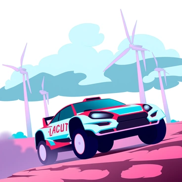 A sleek rally car with a vibrant paint job and bold sponsor logos, speeding over a rugged terrain. The car is kicking up a cloud of dust behind it, highlighting its high speed. Above, dramatic, gray clouds swirl in the sky, creating a sense of impending weather. In the background, several tall wind turbines stand against the horizon, their blades slowly rotating, contrasting with the intensity of the rally car's movement. The scene captures the thrill of motorsport against a backdrop of renewable energy technology.