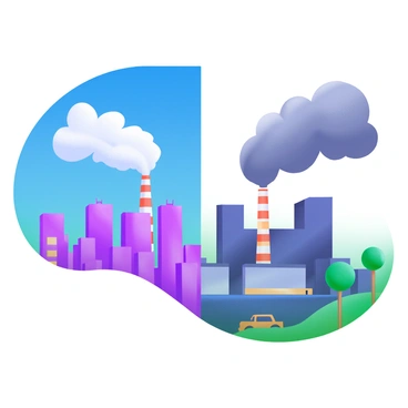 A city skyline featuring tall buildings with a mix of architectural styles. On the left side, the sky is a vibrant, clear blue, creating a stark contrast with the right side, which is filled with dark gray smoke and pollution. Billowing clouds of smoke emerge from industrial chimneys and vehicles below. The buildings on the polluted side appear muted and shadowy, while those on the clear side are brightly lit, showcasing their details. In the foreground, silhouettes of trees can be seen, half healthy and green on the clear side, and struggling on the polluted side.