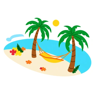 A lush tropical island featuring tall green coconut trees swaying gently in the breeze. The beach is pristine, with fine white sand stretching along the azure waters. A comfortable hammock is suspended between two coconut trees, inviting relaxation. Bright tropical flowers in shades of red, orange, and yellow are scattered across the landscape, adding vibrant pops of color. The sun casts a warm golden glow over the scene, creating inviting shadows on the sand.