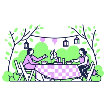 A backyard garden party is set up with a large picnic table at the center. The table is adorned with a checkered tablecloth and has a variety of dishes and drinks. Surrounding the table, there are colorful lanterns hanging from tree branches, illuminating the area softly. Several chairs are arranged around the table, and a few guests are enjoying the food. In the background, blooming flowers and green plants frame the scene, contributing to the festive atmosphere.
