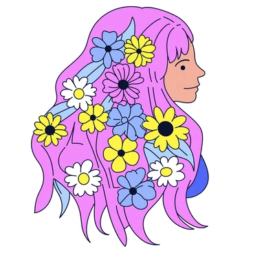 A woman's hair is composed of various blooming flowers in vibrant colors. The flowers include daisies, roses, and sunflowers, all intertwined and flowing elegantly. The hair is being gently lifted and swayed by a soft breeze, creating a sense of movement. Each flower is detailed with petals that are open and vivid. The woman's hair cascades down her back, blending naturally with the floral elements.