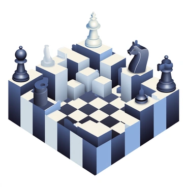 A chessboard maze is prominently displayed, featuring alternating black and white squares that create a striking pattern. The maze is dynamic, with walls formed by towering chess pieces. The giant pieces include a glossy black knight, a shiny white king, and a formidable black queen, each standing several feet tall. The layout of the maze allows for narrow pathways and open spaces, inviting exploration. Soft shadows are cast by the pieces on the glossy squares, enhancing the visual depth of the scene.