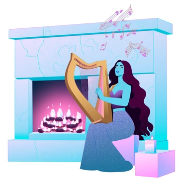 Priscilla, a young woman with long wavy brown hair, sits gracefully beside a grand fireplace. She is dressed in an elegant, flowing gown with intricate patterns. She plays a large, golden harp, her fingers delicately strumming the strings. The fireplace is made of polished marble, with flames flickering and casting a warm glow across the room. Around her, "music notes" in various colors emerge from the harp, drifting gently in the warm air. The scene is enriched by the presence of plush, vintage furniture and softly glowing candlelight illuminating the space.