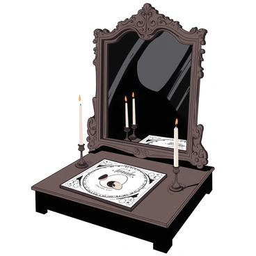 An ornate mirror with intricate carvings reflects a Ouija board positioned on a dark wooden table. The board features a planchette resting on the "Hello" section, and candles flicker softly on either side of the board. In the background, a shadowy figure looms, barely visible, with indistinct features creating an eerie presence. The light from the candles casts warm glows against the mirror's glass, enhancing the mystery of the scene.