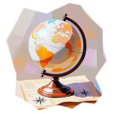 An engraved illustration of an antique globe featuring intricate details of the continents. The globe is mounted on a wooden stand with elegant carvings, and the surface of the globe displays beautifully engraved continents with fine lines marking borders and geographical features. The oceans are filled with ornate designs, adding richness to the overall appearance. Surrounding the globe are decorative compass roses and aged nautical maps, enhancing the historical theme of the illustration.