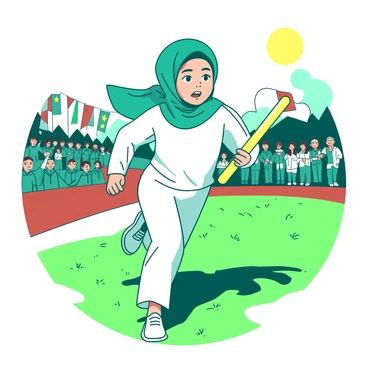 A teal hijab-wearing girl is running energetically on a grassy field during a school sports day event. She is wearing a white athletic outfit, and her expression shows determination and focus as she grips a yellow baton in her right hand. In the background, colorful banners and cheering classmates can be seen, creating an atmosphere of excitement. The sun is shining brightly, illuminating the vibrant scene of the relay race.