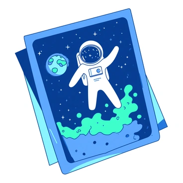 A blue futuristic card displays an astronaut in a white space suit floating gracefully amidst a sea of stars. The astronaut's helmet reflects distant galaxies and twinkling stars, with a small Earth visible in the background. Surrounding the astronaut, vibrant cosmic dust swirls in shades of teal, creating a sense of movement and depth. The card's edges are sleek and metallic, giving it a modern appearance that complements the space theme.