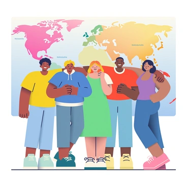 A group of five friends is standing together, embracing each other in front of a large world map. Each friend has unique features representing diverse backgrounds. To the left, a person with dark skin and curly hair is wearing a bright yellow t-shirt. Next to them, a person with light skin and straight blonde hair is dressed in a blue hoodie. In the center, a friend with medium skin and wavy brown hair is wearing a green dress. To the right, a person with olive skin and short black hair is in a red shirt. Finally, a friend with tan skin and long black hair is wearing a purple tank top. The world map behind them is colorful, featuring various countries in different shades and labeled with their names. The friends are smiling warmly, exuding a sense of joy and togetherness.