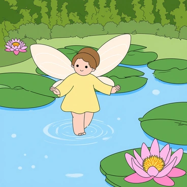 A small fairy with delicate translucent wings is emerging gracefully from a sparkling pond. The wings shimmer with soft pastel colors and catch the light as they flutter gently. The pond is surrounded by lush green lily pads, each adorned with bright pink and white flowers. Droplets of water glisten on the lily pads, reflecting the fairy's magical presence. The background is filled with vibrant greenery, creating a lively atmosphere. Small ripples in the pond emphasize the movement of the fairy as she rises, adding a sense of enchantment to the scene.