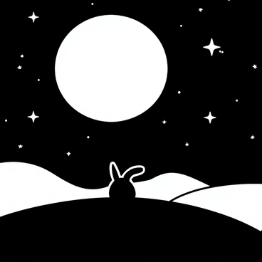 A silhouette of a lone bunny sitting on top of a gently sloping hill. The hill is outlined against the night sky, where a large, full moon casts its light over the landscape. The moon is perfectly round and bright, illuminating the area around the bunny. Soft, rolling hills can be seen in the background, creating a serene environment. Stars are scattered across the sky, adding to the nighttime scene.