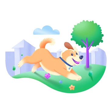 A playful dog with a fluffy golden coat is energetically chasing its own tail in a vibrant grassy yard. The yard is filled with bright green grass, and a few colorful flowers are scattered around. The dog has its ears flopped down and a joyful expression on its face as it spins in circles. In the background, there are a couple of trees with lush leaves providing shade and a clear blue sky overhead.