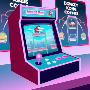 An old-school arcade machine with a wooden exterior, showcasing a vibrant screen displaying a "Donkey Kong" gameplay scene. The screen features a pixelated image of Mario climbing platforms with barrels rolling down towards him. The controller has classic joystick and buttons, all in bright colors. The arcade machine is placed in a retro-themed game room, with dim lighting that highlights its nostalgic appeal. A few coins are scattered on the ledge, and a poster of "Donkey Kong" is visible in the background.