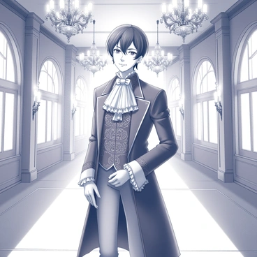 An anime character dressed in an ornate historical costume. The outfit features a long coat with intricate patterns and a ruffled collar. The character stands confidently in the center of a vintage-themed ballroom, surrounded by elegant chandeliers hanging from a high ceiling. The ballroom has polished wooden floors, and large windows line the walls, showcasing lavish drapes. Decorative wall sconces emit soft light, illuminating the character’s detailed costume and facial features, which reflect a sense of purpose and poise.
