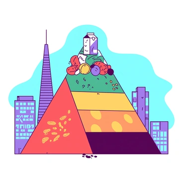 An outdated food pyramid with a modern twist showing different food groups as skyscrapers