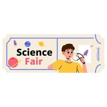 A science fair ticket with a bold rectangular shape. The ticket has a colorful border featuring various planets like a blue Earth, red Mars, and yellow Jupiter. There are small, cartoon-style rockets flying around the planets. In the foreground, a curious child with short brown hair is holding a magnifying glass, inspecting a drawing of a rocket. The child is wearing a bright yellow shirt and has a look of fascination on their face. The ticket includes the text "Science Fair" prominently displayed in the center.