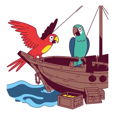 A vibrant red parrot and a striking teal parrot are perched on the railing of a wooden pirate ship. The red parrot has a bright yellow beak and is flapping its wings excitedly while looking toward the teal parrot. The teal parrot has a playful expression, its feathers glistening in the sunlight. Below the railing, the dark blue ocean waves are visible, adding to the scene's adventure. The ship's weathered wooden deck can be seen, adorned with ropes and a treasure chest nearby. The atmosphere is lively, emphasizing the interaction between the two parrots.