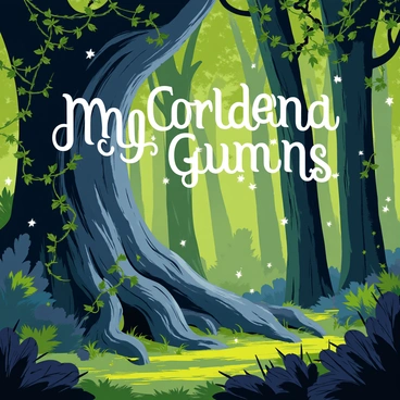 A fantasy novel's cover featuring a dense enchanted forest filled with towering trees and vibrant green foliage. Wisps of sparkling light float through the air among the branches, illuminating the scene. In the foreground, there is a large, ancient tree with a thick trunk and intricate roots. The title of the novel is displayed prominently in a "magical illustration font," which has swirling letters that resemble vines and leaves. The overall color palette includes deep greens, soft blues, and hints of golden light.