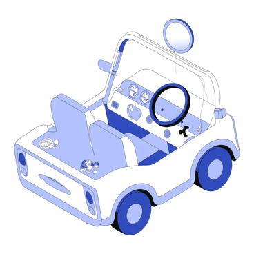 A child's play car interior is visible. The dashboard features large gauges and buttons, clearly designed for small hands. An oversized steering wheel dominates the front area, designed for easy gripping. The seats are plush and inviting, shaped to accommodate children comfortably. Various toys and colorful accessories are scattered throughout the interior, enhancing the playful atmosphere. The windshield is large, allowing a clear view of the imaginary road ahead. A rearview mirror is positioned above, reflecting a whimsical environment.