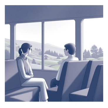 The interior of a bus is visible, with rows of seats along the sides. Through the large windows, a picturesque landscape unfolds outside. Rolling hills stretch into the distance, covered in lush greenery. Some trees dot the hills, and a clear sky is overhead, adding depth to the scene. Light streams in through the windows, casting shadows on the bus seats. A couple of passengers are sitting quietly, gazing out at the scenic view.