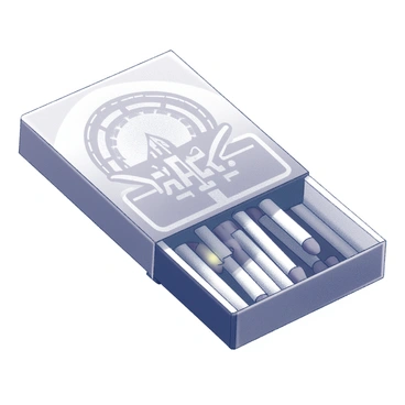 A matchbook with a smooth, metallic finish featuring an intricate design. The front displays an abstract pattern that suggests advanced technology, with geometric shapes and stylized symbols. The matchbook is slightly open, revealing several matchsticks inside, with the tips appearing to have a glow effect. The overall shape is compact and rectangular, with a slight curvature along the edges. The background suggests an atmosphere of nightlife, hinting at a modern, lively environment.