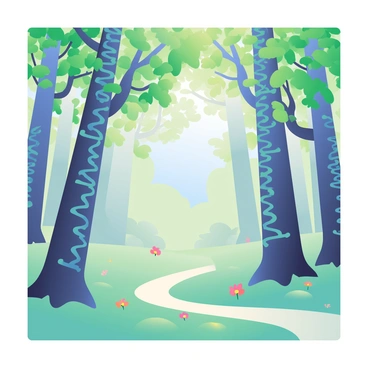 A tranquil forest scene is depicted, with tall trees whose trunks and branches resemble intricate genetic sequences. The leaves are a vibrant mix of green shades, softly swaying in a gentle breeze. The forest floor is covered with a layer of soft moss in varying hues of green, dotted with small wildflowers in bright colors. Sunlight filters through the branches above, creating dappled light patterns on the ground. A narrow path meanders through the trees, inviting exploration into this unique woodland. In the background, a clear blue sky peeks through the canopy, adding to the serene atmosphere of the scene.