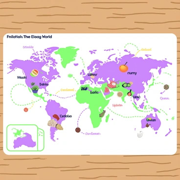 A detailed map is laid out on a wooden table, showing various culinary flavors and ingredients from around the world. Different regions are highlighted, each connected by colorful lines illustrating the relationships between the flavors. 

In the center, there is a cluster of ingredients like "basil" and "garlic," connected to regions in Europe. To the right, another cluster features "curry" and "cardamom," linked to regions in Asia. 

In the bottom left corner, a vibrant cluster indicates the use of "chili" and "lime" in Latin American cuisine, and it is connected to various regional dishes. Arrows indicate the flow and exchange of flavors with annotations, such as "sweet," "spicy," and "sour." 

The entire map is adorned with small icons representing various spices, herbs, and foods, enhancing the visual complexity and richness of the culinary connections depicted.