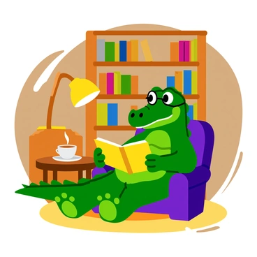 A green crocodile with textured scales is sitting comfortably in a cozy library. The crocodile wears round glasses perched on its snout while engrossed in a colorful book. The library features tall wooden shelves filled with a variety of books, some stacked horizontally and others lined up vertically. Warm light from a nearby lamp illuminates the scene, creating a welcoming atmosphere. A plush armchair rests beside the crocodile, and a small wooden table holds a steaming cup of tea. The floor is covered with a soft, patterned rug.