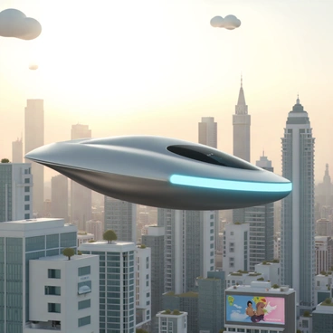 A sleek, futuristic flying car with a streamlined design, metallic silver finish, and glowing blue accents is cruising effortlessly above a modern cityscape. The city below is filled with towering skyscrapers made of glass and steel, reflecting the sunlight. Some buildings have green terraces while others feature large digital billboards displaying colorful advertisements. The sky is mostly clear with a few fluffy clouds and a soft golden glow from the setting sun. The flying car is positioned at an angle, showcasing its aerodynamic shape as it glides through the air.