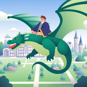 A student with short, brown hair is sitting atop a majestic dragon with shimmering emerald scales. The dragon is soaring through a bright blue sky, its large wings outstretched. Below, the landscape is filled with the academy's sprawling grounds, showcasing neatly trimmed lawns and elegant buildings with tall spires. There are clusters of trees scattered throughout the area, and a winding path can be seen leading through the grounds. The student is wearing a dark blue robe with golden trim, and they have a wide smile as they grip the dragon's neck. The sunlight casts soft shadows across the landscape, enhancing the vibrancy of the scene.