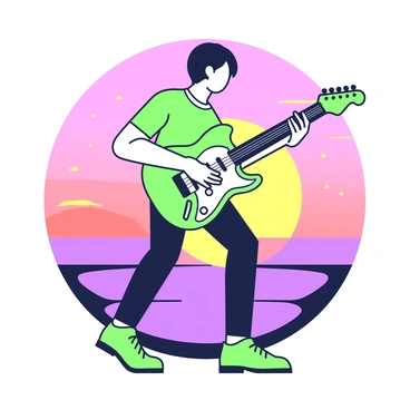 A silhouette of a guitarist is positioned in the foreground, holding an electric guitar with both hands. The guitarist stands with one leg slightly bent, giving a dynamic posture as they lean into the music. The sunset backdrop displays a vibrant gradient where the sun is setting on the horizon, creating a dramatic scene. The outline of the guitarist captures the contours of the guitar and their body, while details such as the strings and the shape of the headstock are also visible in silhouette. The background is filled with layers of hues that suggest the transition from day to night.