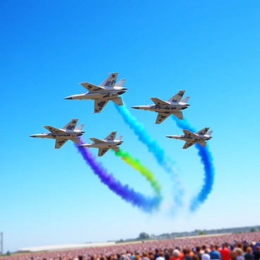 A formation of four fighter jets flying in a tight V formation against a clear blue sky. The jets are sleek with metallic surfaces reflecting sunlight. The aircraft are painted in various military camouflage patterns. Smoke trails in vibrant colors are emanating from the jets, creating a dynamic visual display. The background features a distant view of an airshow crowd watching in anticipation below.