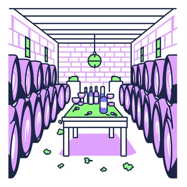 An atmospheric wine cellar filled with rows of aging Bordeaux wine barrels