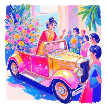 A modern Indian bride is leaning out of a vintage car adorned with an array of colorful flowers. She is wearing a traditional bridal outfit that includes a richly embroidered red and gold lehenga, which sparkles under the sunlight. Her hair is styled in an elegant bun, embellished with fresh jasmine flowers. The car has a glossy finish and features intricate designs on its body. The bride is smiling and waving to guests gathered around, dressed in festive attire. The background is filled with greenery and hints of festive decorations.