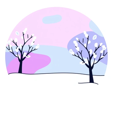 A snow-covered landscape with white snow blanketing the ground. There are trees with branches adorned with sparkling ice crystals. The trees have a frosty appearance, standing tall and bare. Above, the sky is filled with soft pastel colors, blending hues of pink, lavender, and light blue, creating a gentle backdrop to the winter scene.