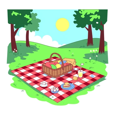 A bright sun shines down on a vibrant green park, casting shadows on a red and white checkered blanket spread out on the grass. In the center of the blanket, there is a woven picnic basket, partially open to reveal an assortment of colorful fruits and sandwiches. Nearby, a small blue plate holds a few cookies, and a glass of lemonade sits beside it. The surrounding area features tall trees with lush leaves and a few wildflowers peeking through the grass, completing the cheerful picnic atmosphere.