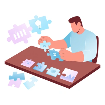 A person is sitting at a wooden table, focused on assembling colorful puzzle pieces that feature various business icons such as a briefcase, a light bulb, and a graph. The individual has their hands positioned over the pieces, carefully placing one into a gap in the puzzle. Surrounding the puzzle are additional scattered pieces, showcasing different business symbols. A few completed sections of the puzzle are visible, illustrating a cohesive image that represents business concepts.