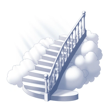 A winding staircase ascends into a sky filled with fluffy clouds. The staircase features ornate railings and intricately designed steps that curve gracefully upward. Surrounding the staircase, soft beams of light radiate, illuminating the steps and creating a sense of ethereal charm. The clouds appear fluffy and billowy, surrounding the staircase like a soft blanket. The overall scene conveys a sense of elevation and wonder, inviting viewers to imagine the journey upwards.