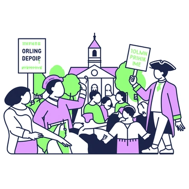 A vintage postcard featuring a scene from history that illustrates the community's reaction to a declaratory act. In the foreground, a diverse group of people is gathered, expressing a range of emotions. There is a man with a tricorn hat passionately addressing the crowd, while others are holding banners with inscriptions. Some community members appear agitated, with furrowed brows, while others are listening attentively. In the background, an old colonial building with a bell tower is visible, surrounded by trees. The sky is clear, and the atmosphere conveys a sense of urgency and engagement in the public discourse.