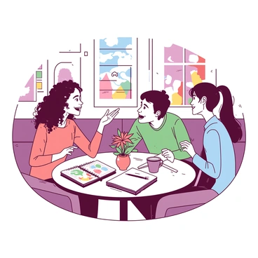 A group of three students is sitting at a round café table, engaged in an animated discussion about art. The first student, a young woman with curly hair, is animatedly gesturing with her hands while explaining her perspective. The second student, a man with glasses, is leaning forward, listening intently, with a sketchbook open in front of him filled with colorful drawings. The third student, a girl with a ponytail, is holding a coffee cup and nodding in agreement. The café has a cozy ambiance, with soft lighting and a few art pieces displayed on the walls behind them. A small vase of fresh flowers sits on the table among their notebooks and art supplies.