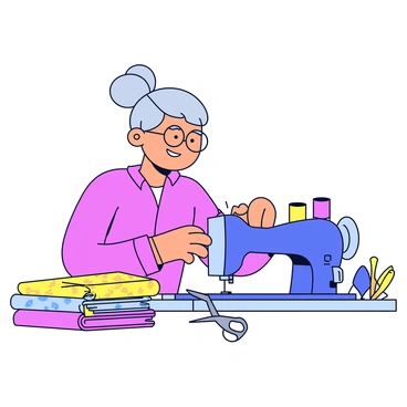 An elderly woman with gray hair tied in a bun is focused on repairing her sewing machine. She is wearing round glasses and has a warm smile on her face. Beside her, there are several pieces of colorful fabric neatly arranged in stacks, showcasing vibrant patterns and textures. The sewing machine is a classic model, with a metallic blue body and a sturdy wooden base. The workspace is tidy, with a pair of scissors and spools of thread in various colors placed within reach.