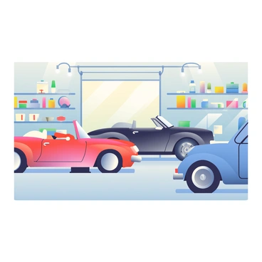 A collection of classic cars is parked inside a spacious garage. The cars have shiny exteriors, reflecting the soft overhead lighting. There are three distinct vehicles: a bright red convertible with a white interior, a sleek black coupe with chrome accents, and a vintage blue sedan with elegant curves. The garage has a polished concrete floor, and shelves line the walls filled with car care products and tools. An open window allows natural light to filter in, adding an inviting glow to the scene.